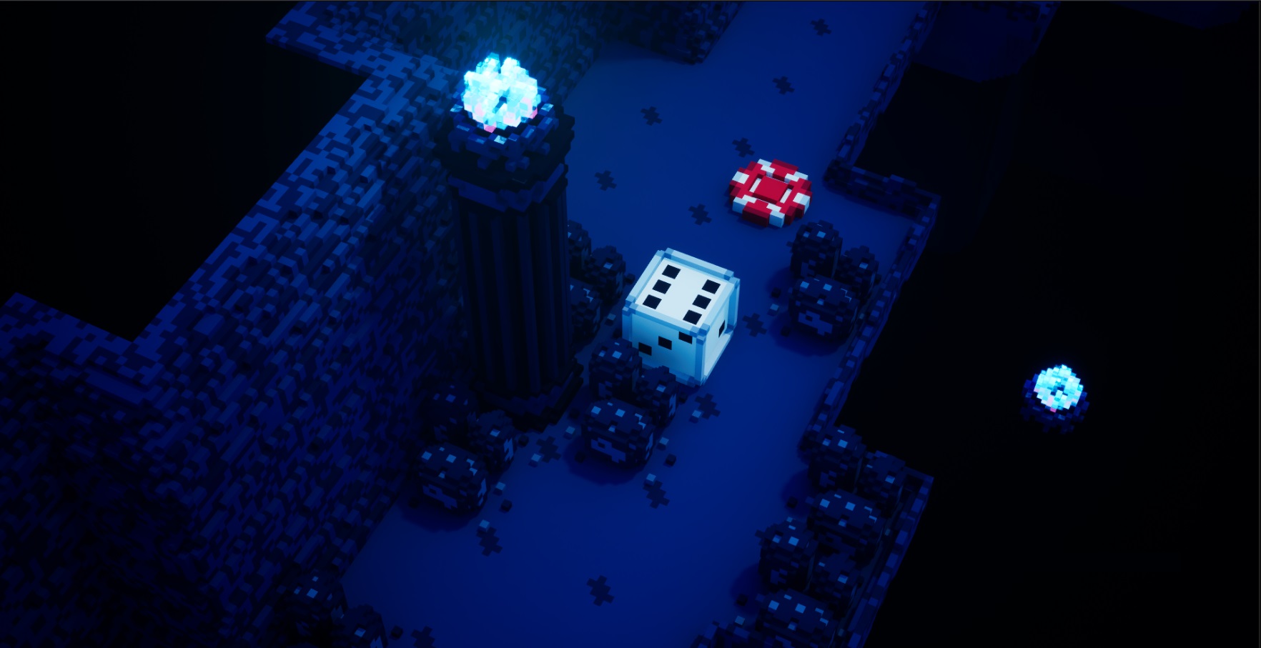 Domino Den gameplay screenshot. There is a die with no spells attached in the center. A lone red chip idles ahead. The path is bordered by abyss, punctuated by blue firepits.
